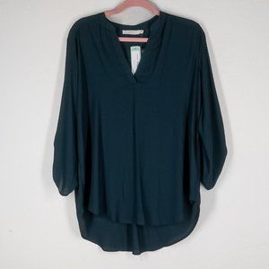 NWT LUSH Warren Split Neck Blouse Dark Green size L